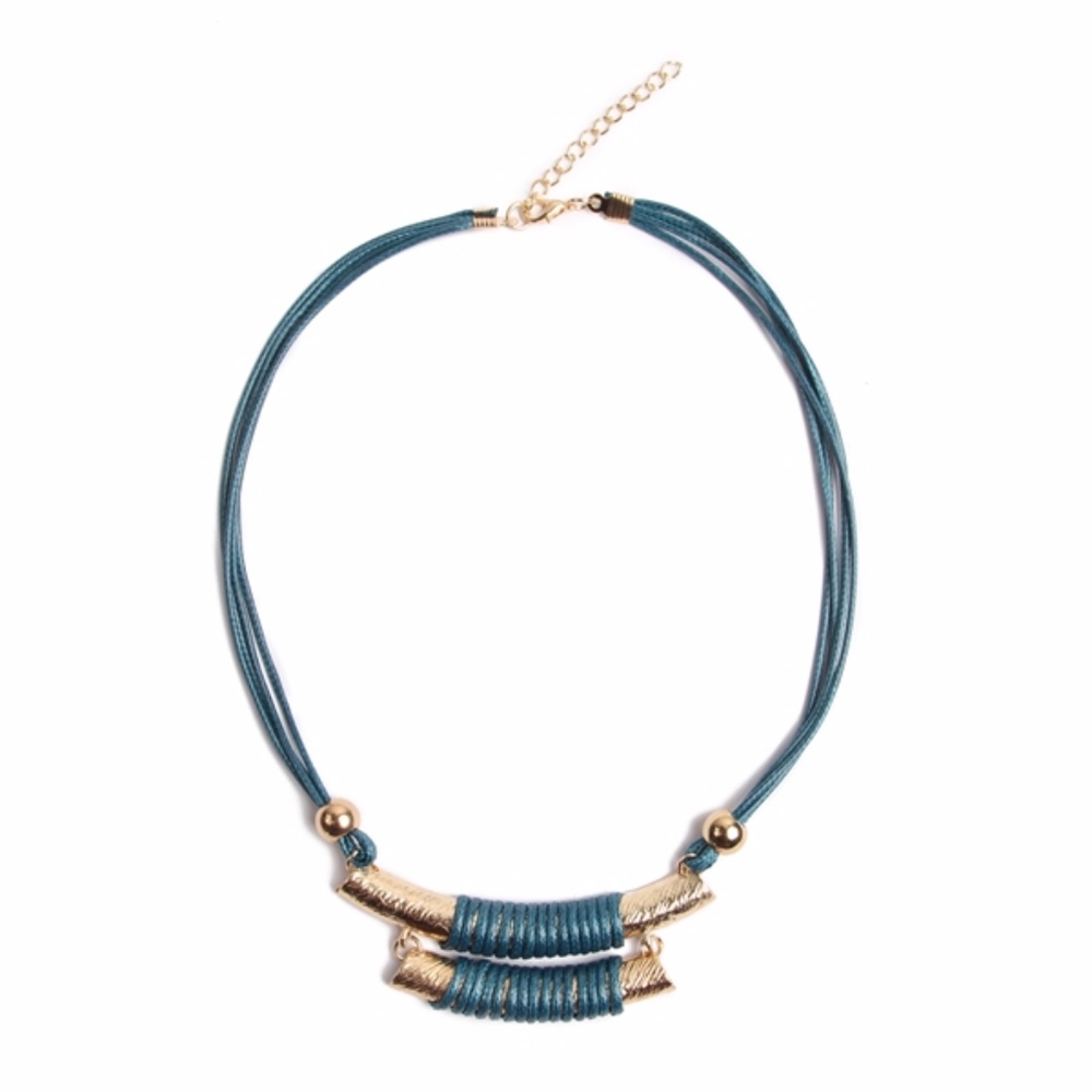Boho Necklace Double Bar Teal Cord Gold Tone
